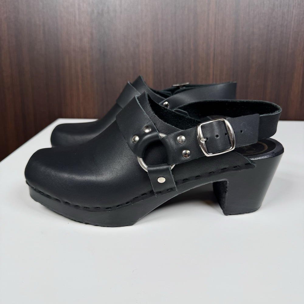 No.6 ARLO Leather Slingback Clogs Womens 38 Black Harness O-Ring Wood Heel 7.5/8